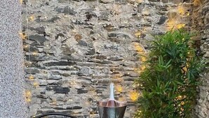 Une table ronde avec deux chaises, une bouteille de vin et une assiette de fruits.