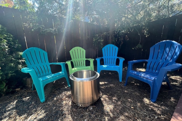Solo stove and comfortable chairs for enjoying each other’s company in the great spring and summer weather! We have some wood to share, as long as it lasts.