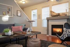 Smart TV, fireplace, video games, DVD player