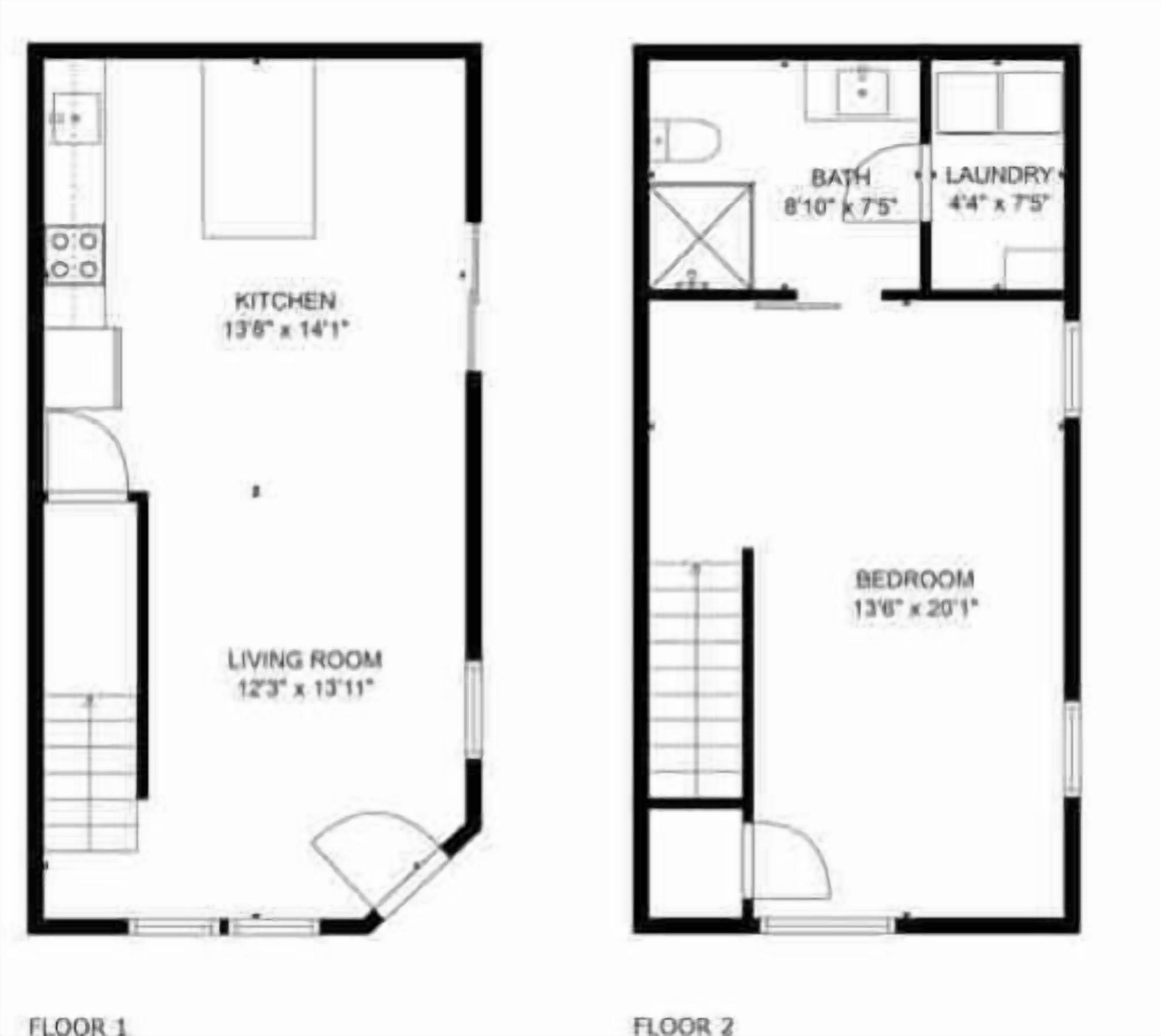 A 2-floor apartment layout with a kitchen, living room, bathroom, and bedroom.