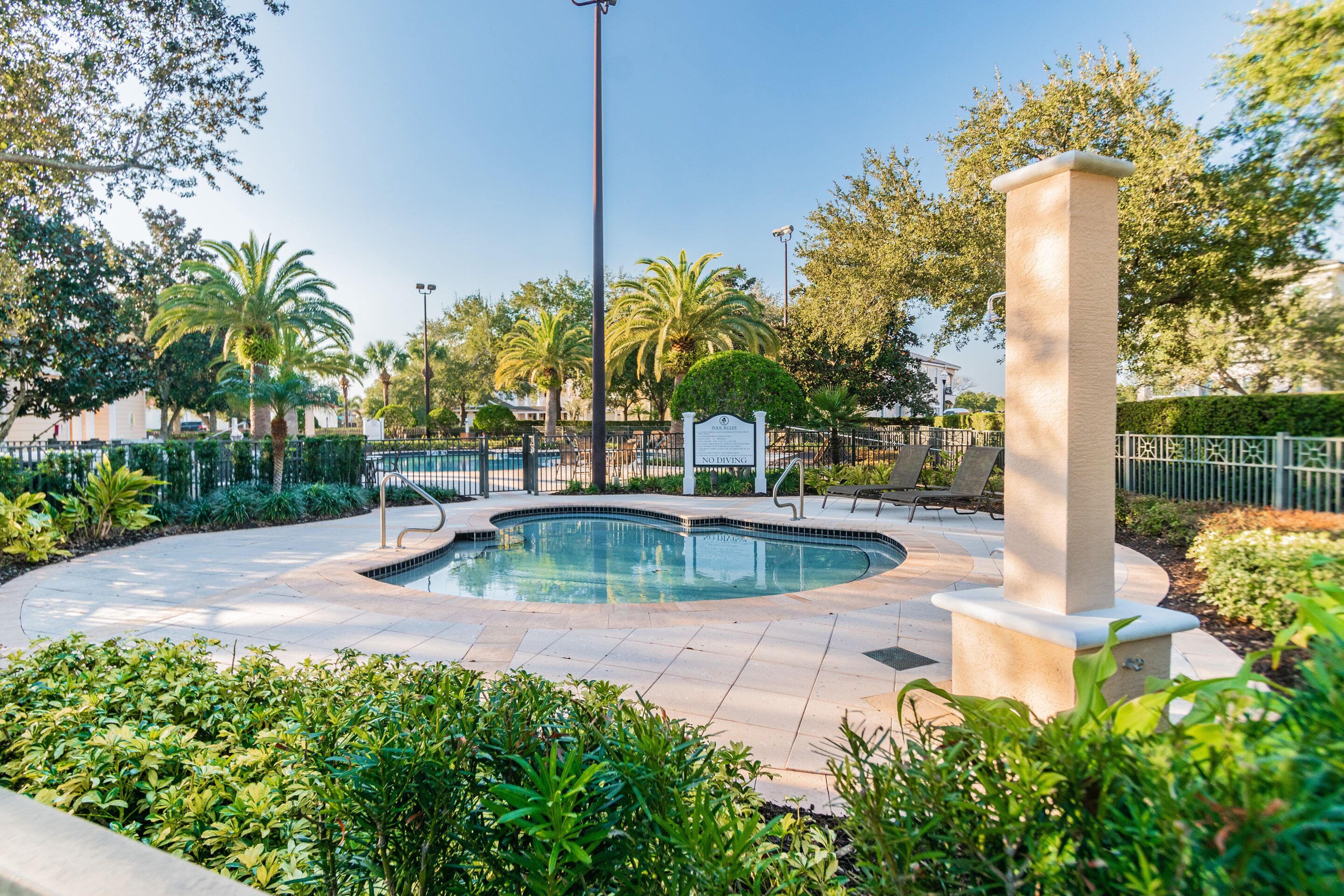 A swimming pool with a surrounding paved area, palm trees, and a tall column.