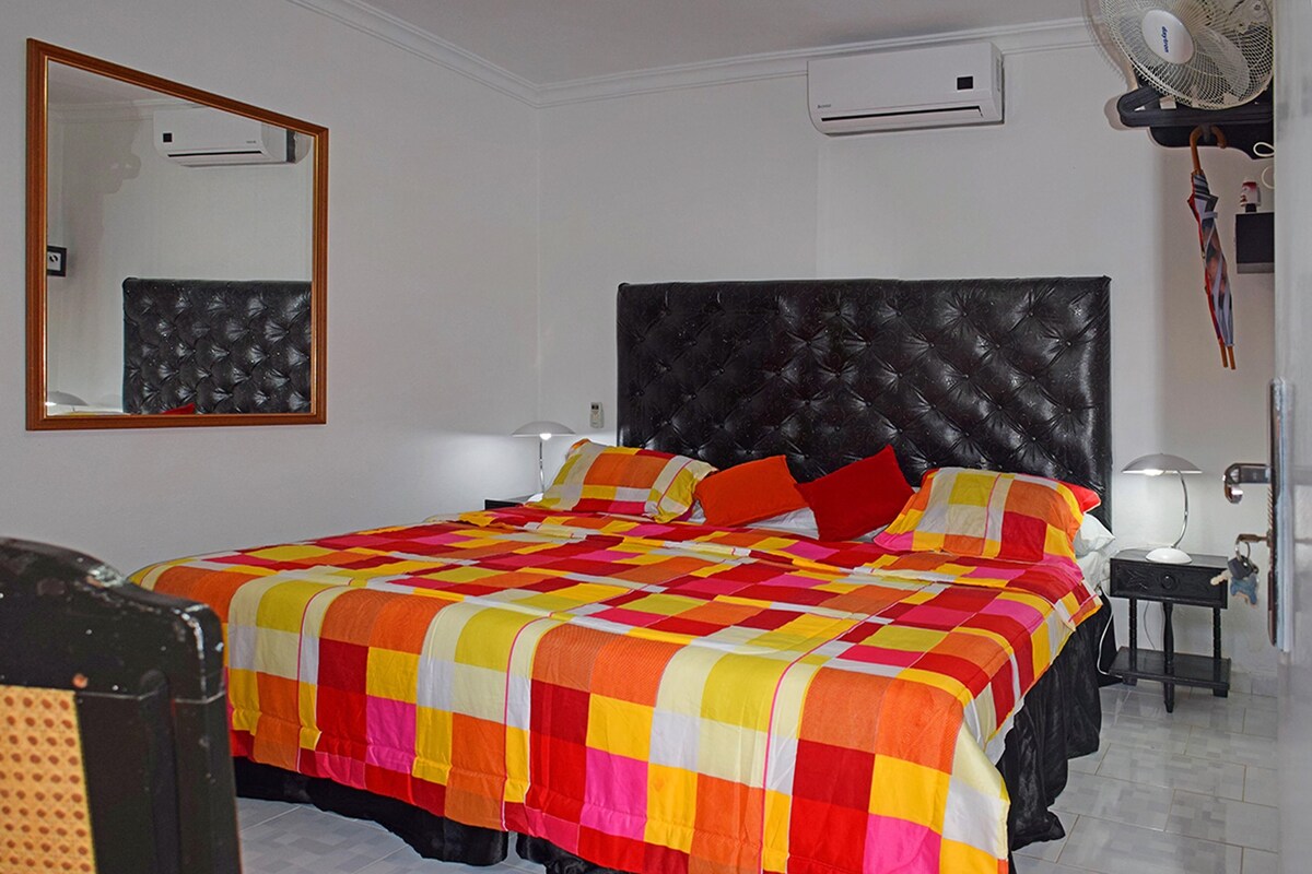 Ein Schlafzimmer mit einem großen Bett, einem Kopfteil, zwei Nachttischen, einem Spiegel, einer Klimaanlage, einem Standventilator und einer Tür mit Handtuchhalter.