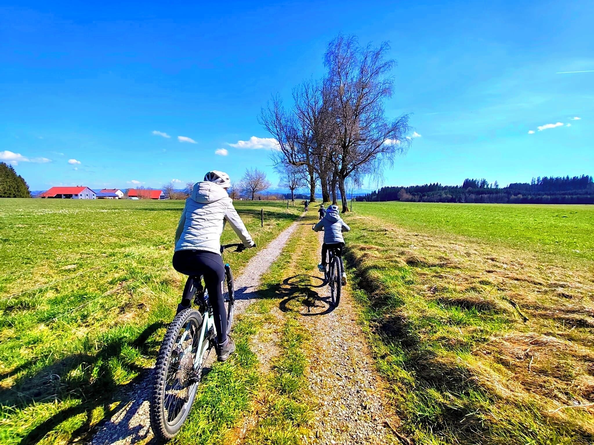 A rural path with cyclists, a clear sky, and a distant red-roofed building.