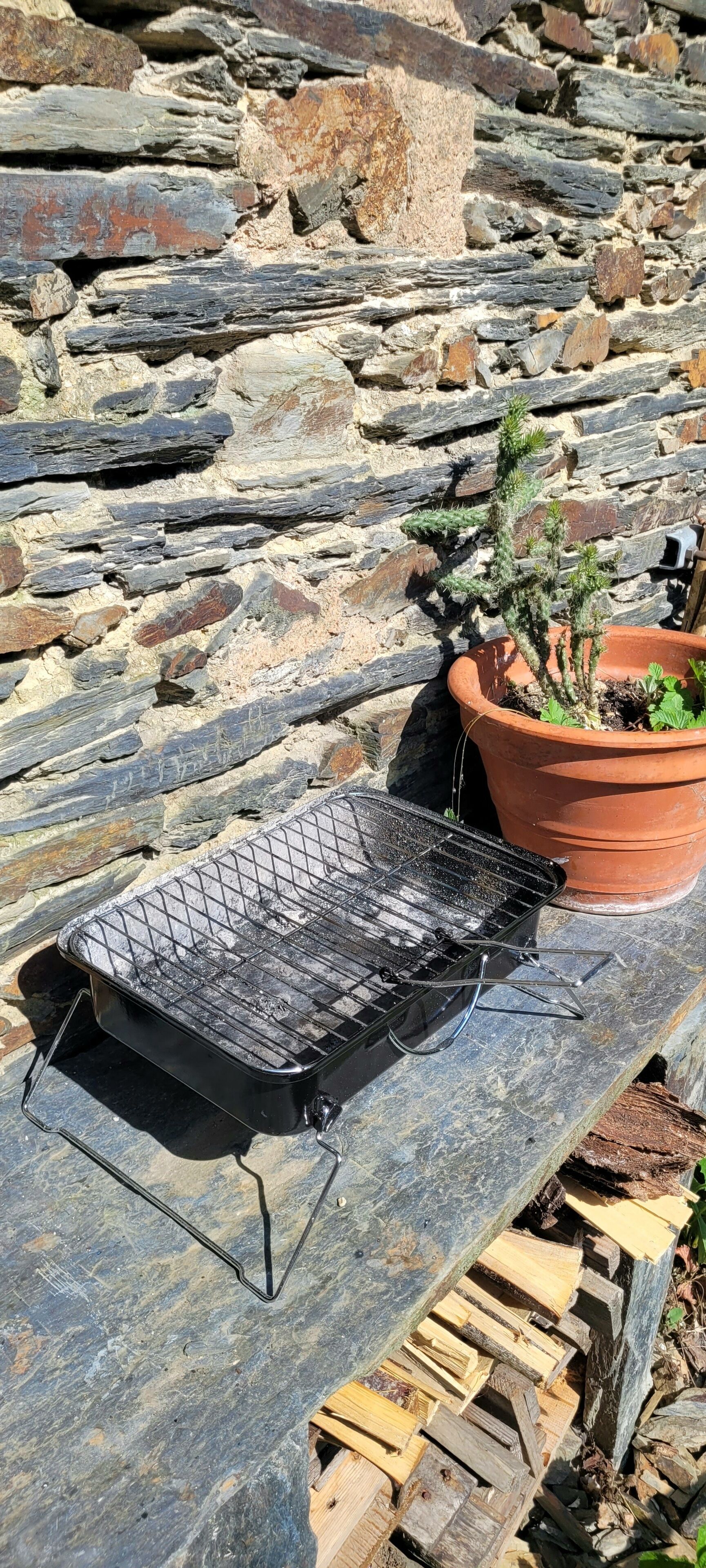 Un barbecue sur un banc en pierre, avec un pot de fleurs à proximité.