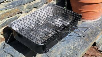 Un barbecue sur un banc en pierre, avec un pot de fleurs à proximité.