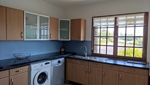 Cozinha com armários de madeira, máquina de lavar, pia e janela com vista para o verde.