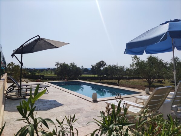 Ein Swimmingpool mit Liegestühlen und Sonnenschirmen, umgeben von viel Grün und blauem Himmel.