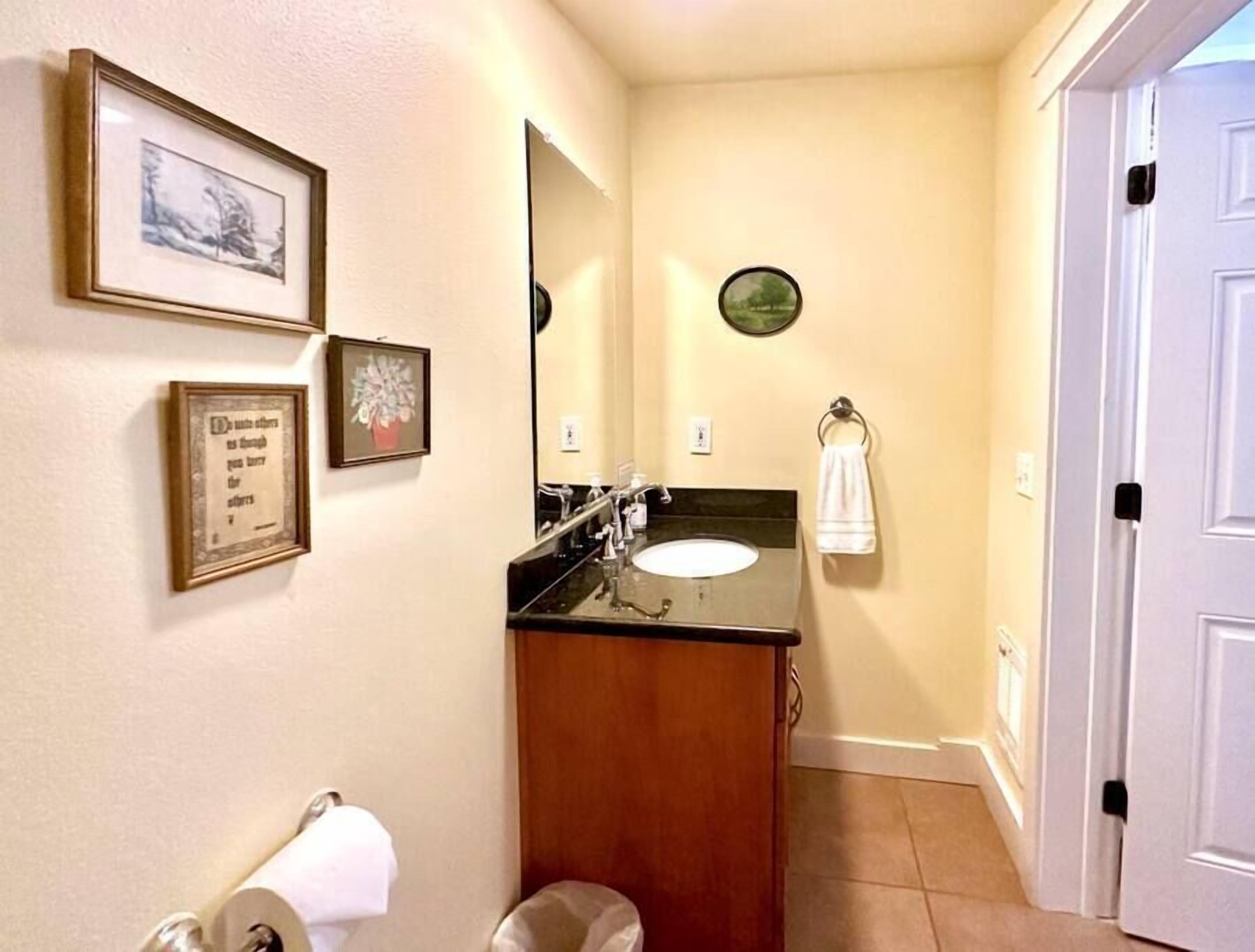A bathroom with a sink, mirror, framed pictures, and a towel rack.