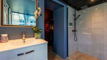 Douche, baignoire à jets, sèche-cheveux, peignoirs