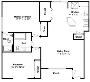 A floor plan of a house with a master bedroom, two bathrooms, a kitchen, a living room, a bedroom, and a porch. - Wake, Swim, Repeat—Poolview Fun | 8 ppl | C4 (Put-in-Bay)