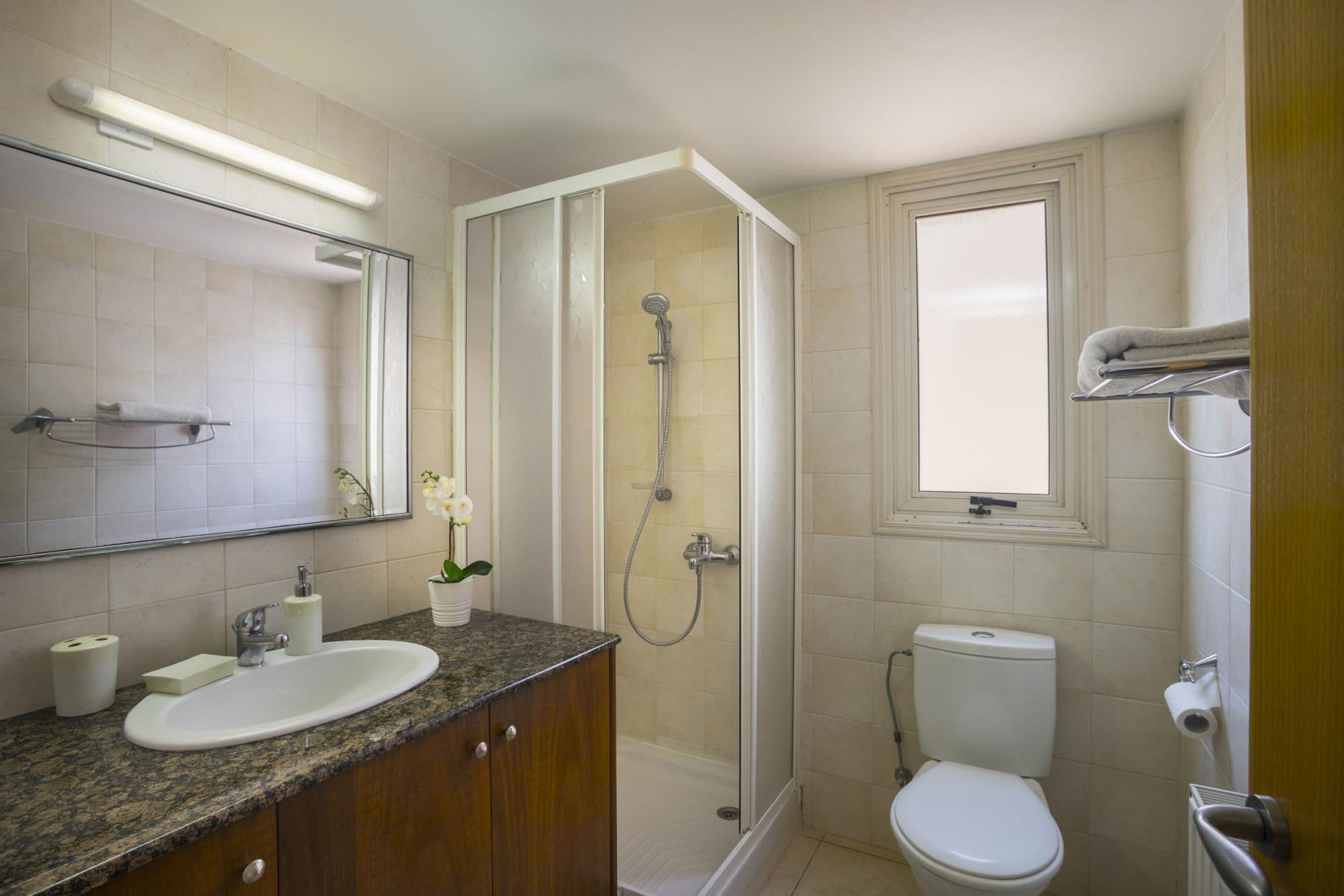 Une salle de bain équipée d’un lavabo, d’un miroir, de toilettes, d’une douche et d’une fenêtre.
