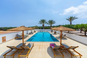 Una piscina con sillones de descanso y sombrillas, rodeada de palmeras y un cielo despejado.