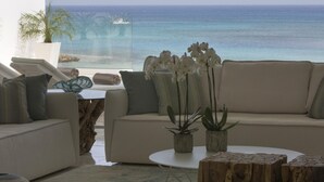 Uma sala de estar moderna com vista para o oceano, com um sofá, uma mesa de centro e plantas decorativas.