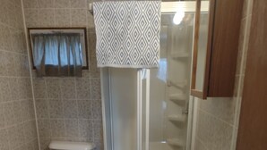 Une salle de bain avec des toilettes, une douche et un lavabo.