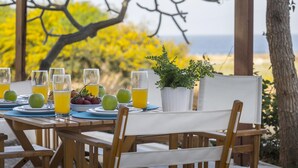 Mesa al aire libre con platos, vasos y frutas, con vistas a un paisaje pintoresco.