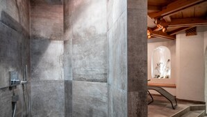 A modern shower area with grey tiles and a metal showerhead. - Landhaus Lodges Kaprun - Franz (Kaprun)