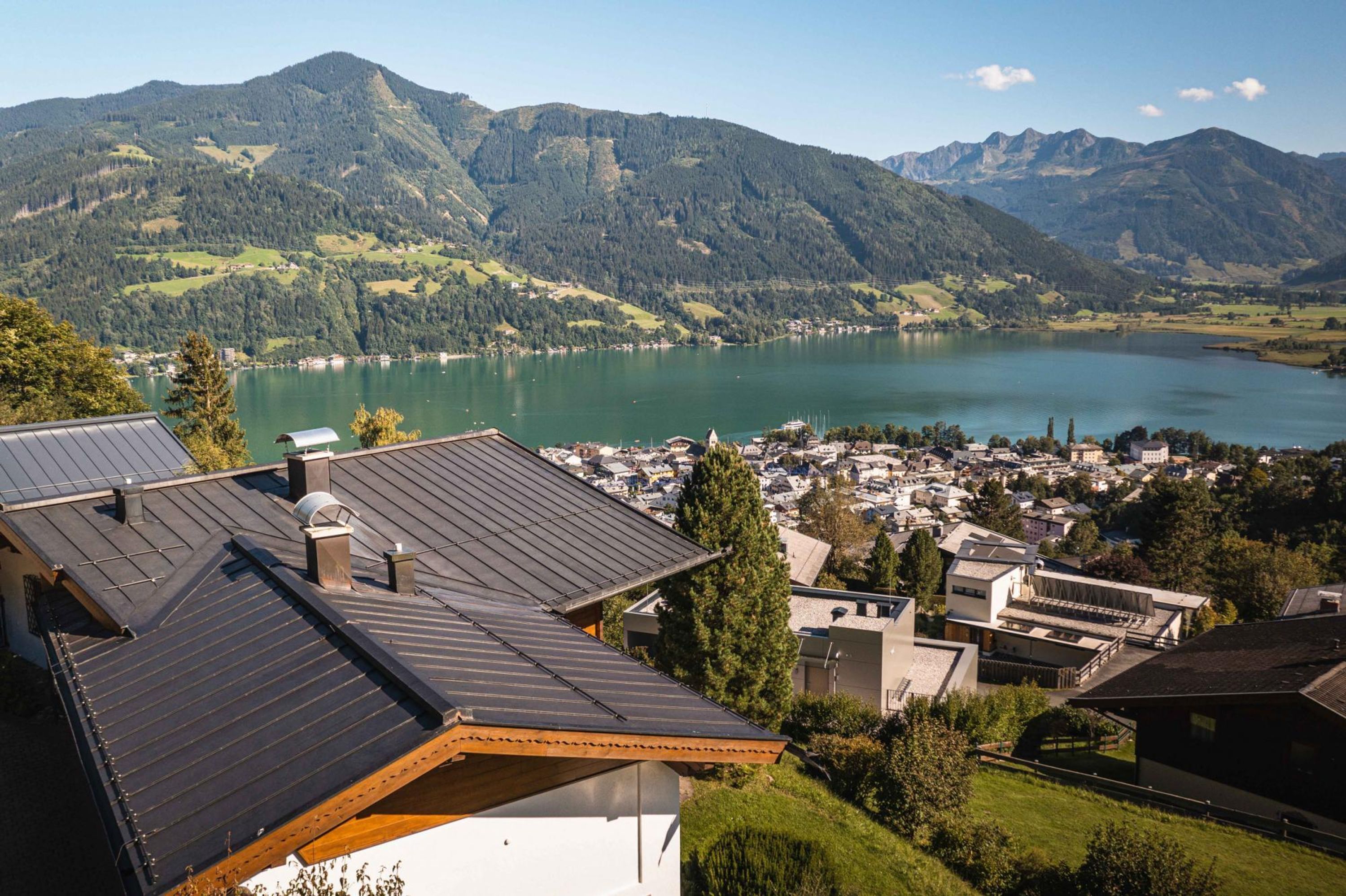 A residential area with a lake and mountains in the background.