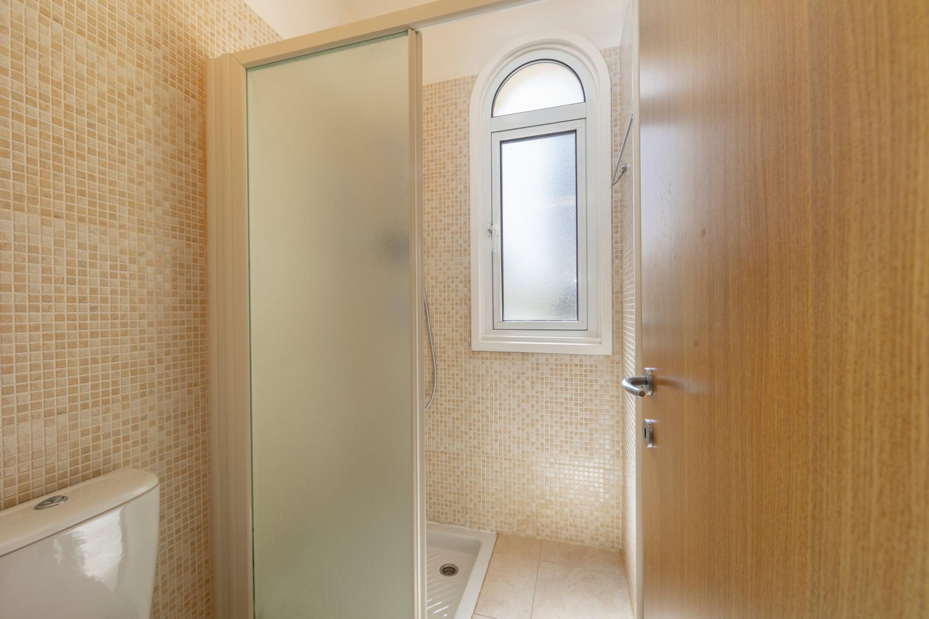 A bathroom with a toilet, a shower, and a glass door leading to a tiled room.