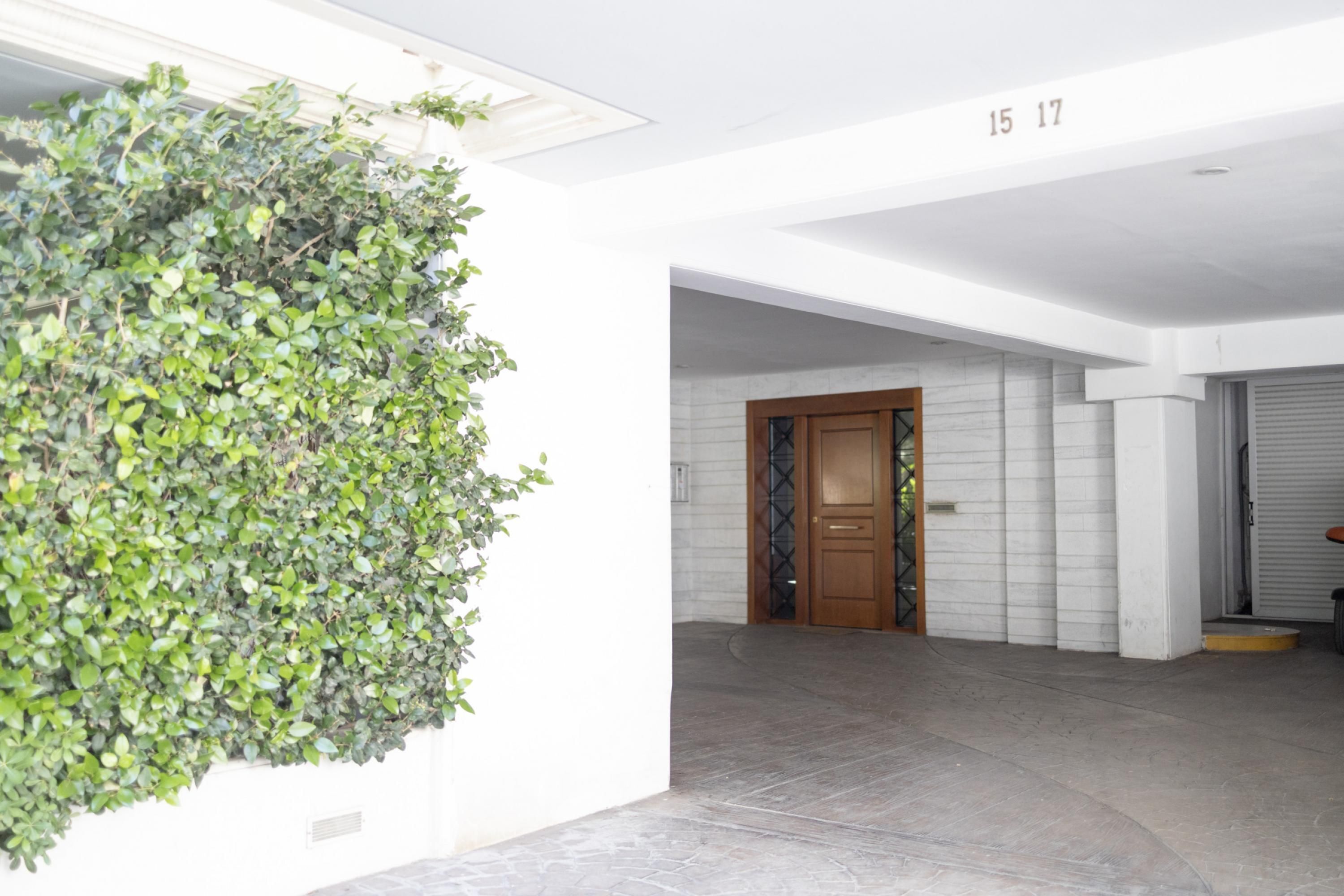 A hallway with a green wall, a wooden door, and a number '15 17' on the wall.