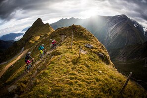 A mountain biking trail with three cyclists on a grassy path surrounded by steep, rocky mountains. - Appartements Sulzer - TOP 13 (Zell am See)