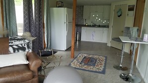 Ett vardagsrum med en brun lädersoffa, en vit träningsboll och en mönstrad matta.