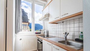 Une cuisine avec une fenêtre, des meubles blancs, un évier en acier inoxydable et une vue sur les montagnes.