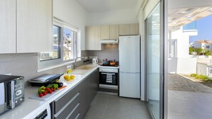 A modern kitchen with a built-in oven, a refrigerator, and a window overlooking a residential area. - Protaras Villa Mylos 9 (Paralimni)