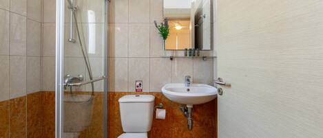 A bathroom with a glass shower enclosure, a white toilet, and a sink with a mirror above it.