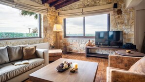 A cozy living room with stone walls, a stone fireplace, a flat-screen TV, and a large window offering a view of the outdoors. - Palmrise Luxury Villas - Blue Villa (Kassandra)