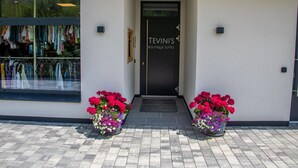 Entrada de un hotel boutique con diseño moderno, que presenta una puerta negra con el nombre 'Tevini's Boutique Suites' arriba. Hay dos macetas con flores rojas a cada lado de la entrada.