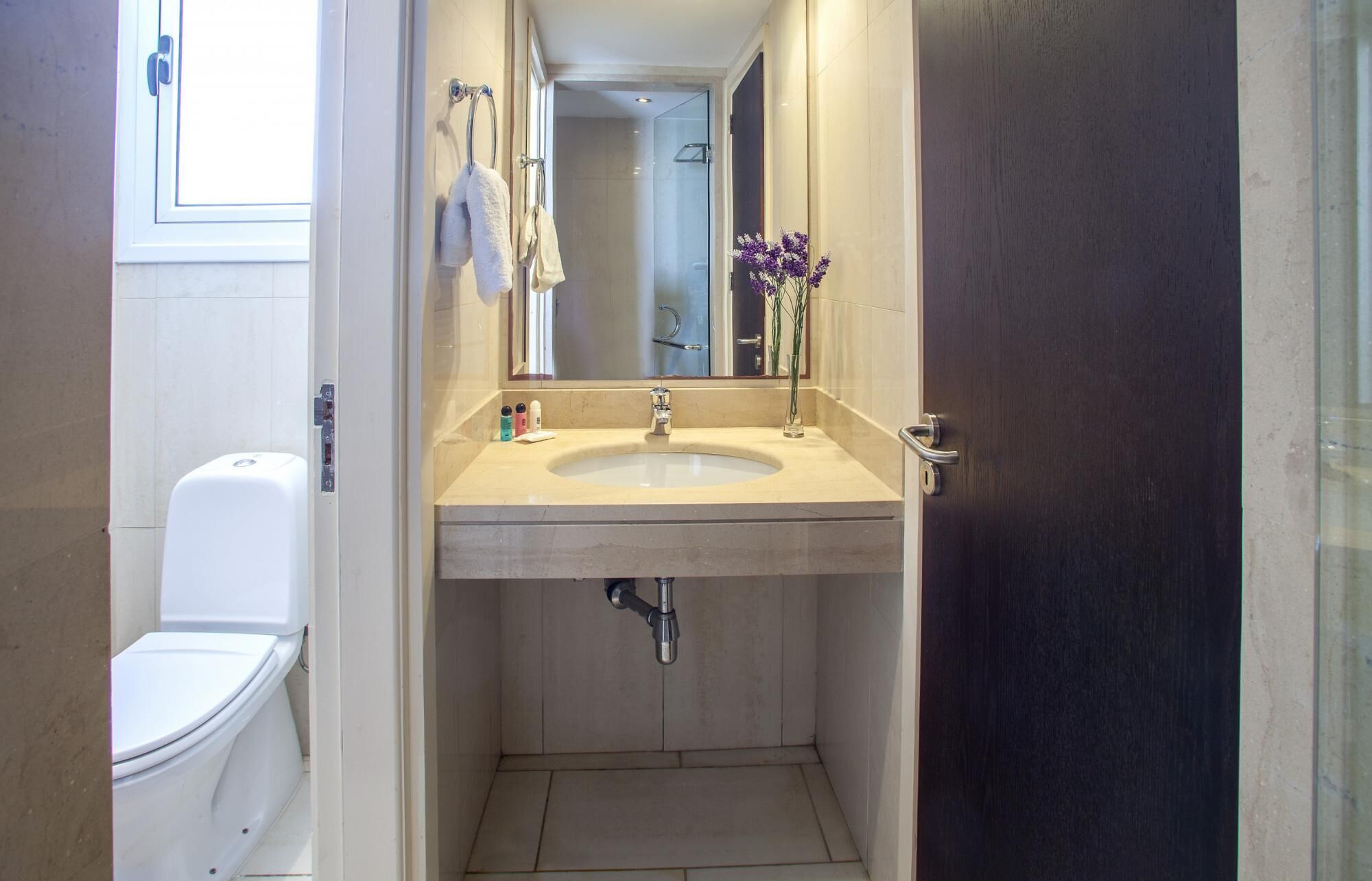 A small bathroom with a toilet, sink, and mirror.