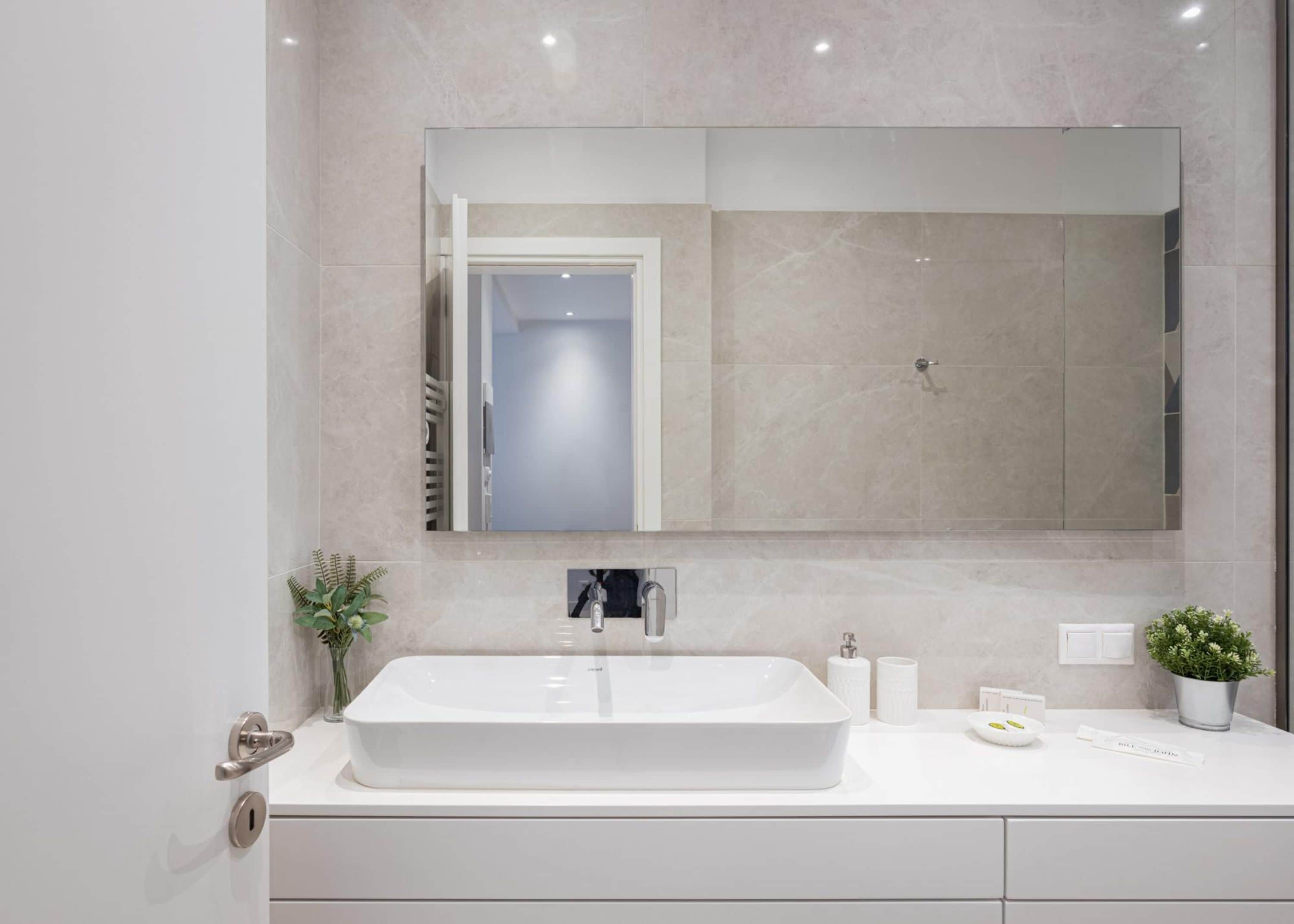 Un baño moderno con un lavamanos rectangular, un espejo grande y una planta en maceta sobre el mueble.