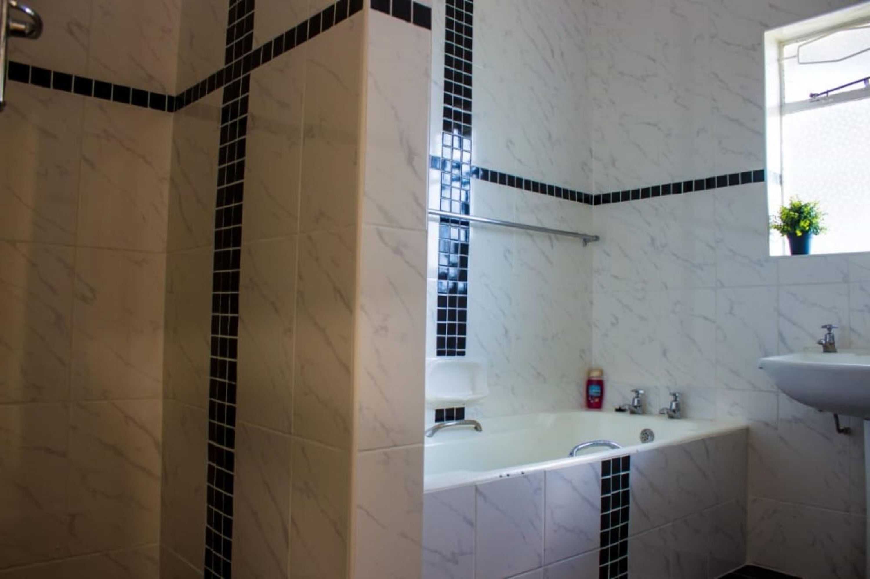 A bathroom with a bathtub, a sink, and a window with a plant.