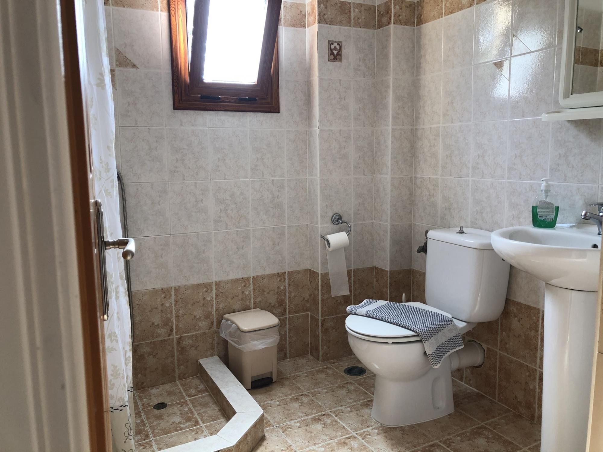 A small bathroom with a toilet, sink, and shower.