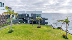 Un moderno edificio costero con un césped, palmeras y vistas al mar.