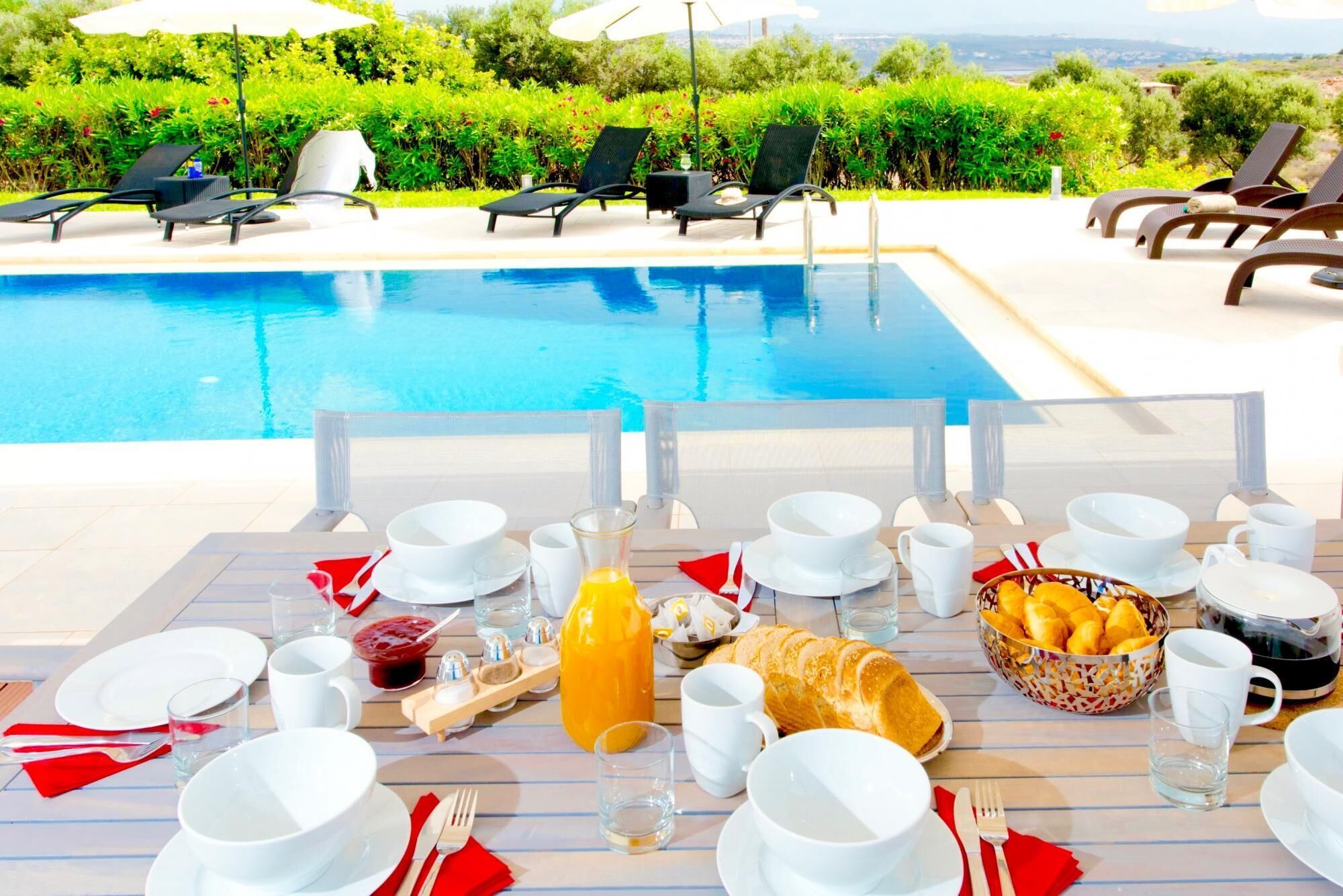 A poolside breakfast setup with a table set for two, including plates, cups, and a basket of croissants.