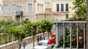Une vue de rue avec des immeubles, une voiture garée et un jardin avec des fleurs rouges.