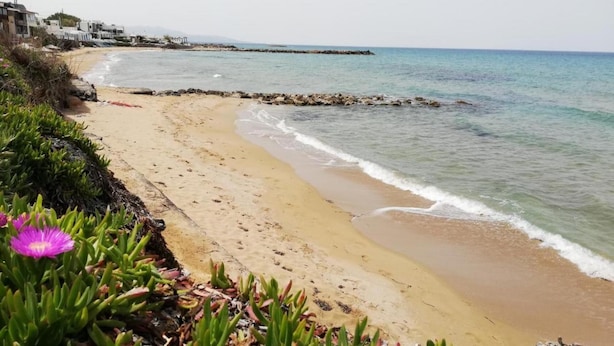 Une plage au rivage rocheux, avec une eau claire et des bâtiments visibles à l’arrière-plan.