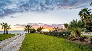 A pathway leading to a grassy area with palm trees and a view of the sea at sunset. - Palmrise Luxury Villas - Maistros Villa (Kassandra)