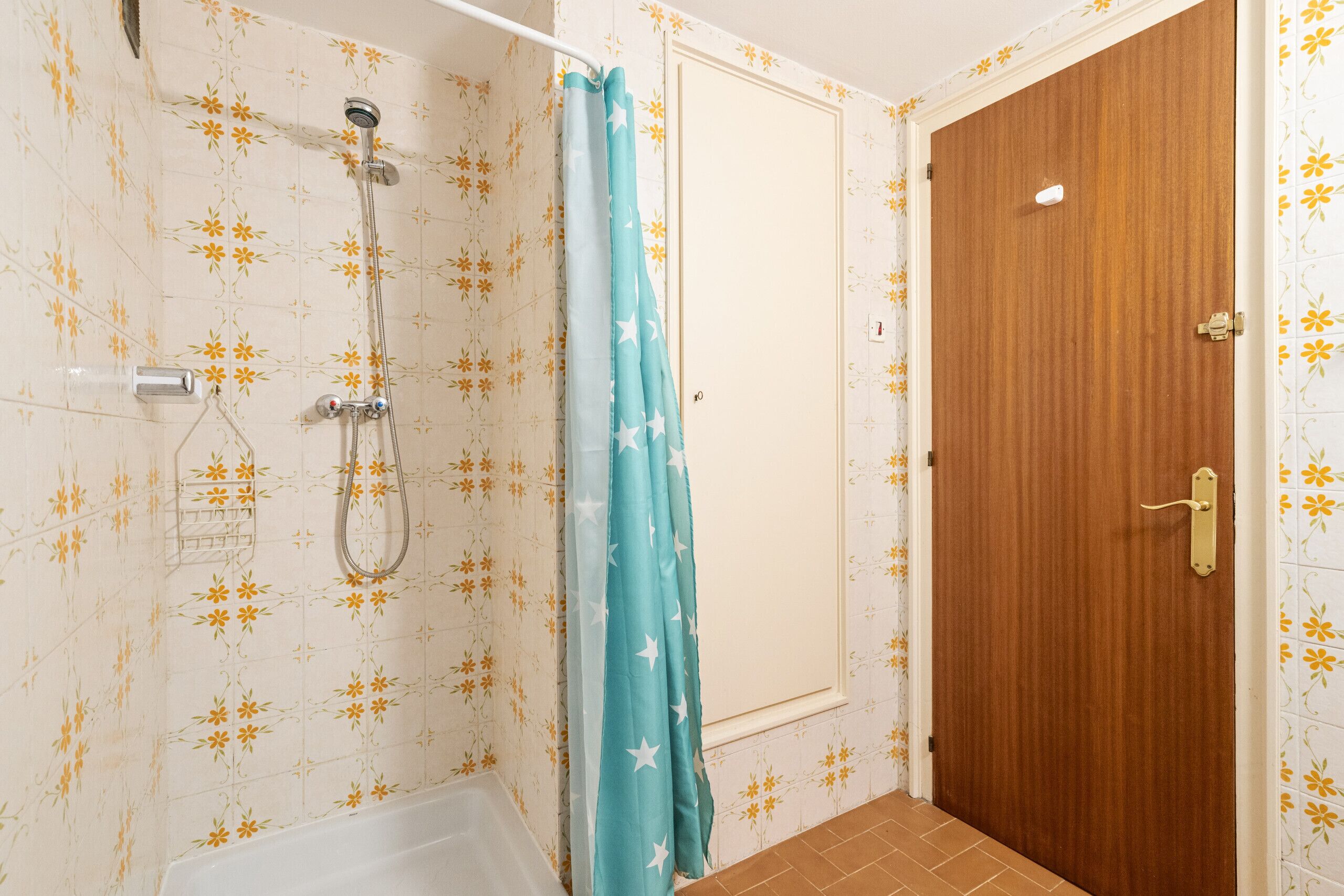 Un baño con ducha, bañera y una puerta.