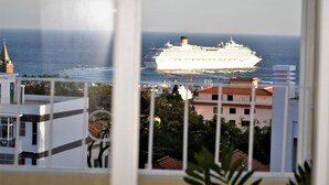 Navio de cruzeiro ao longe, visto da janela de um casario costeiro com edifícios e vegetação.