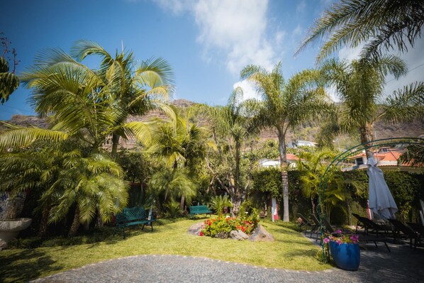 Un jardin tropical agrémenté de palmiers, un sentier en pierre et des espaces de détente en plein air.