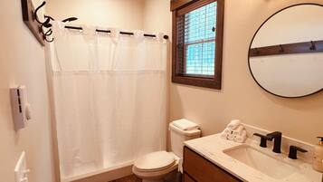 Hair dryer, towels, soap, shampoo