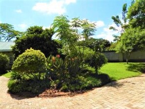 Um jardim ajardinado com diversas plantas e um caminho pavimentado.
