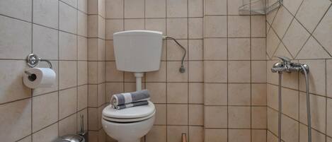 A small bathroom with a toilet, a shower, and a window.