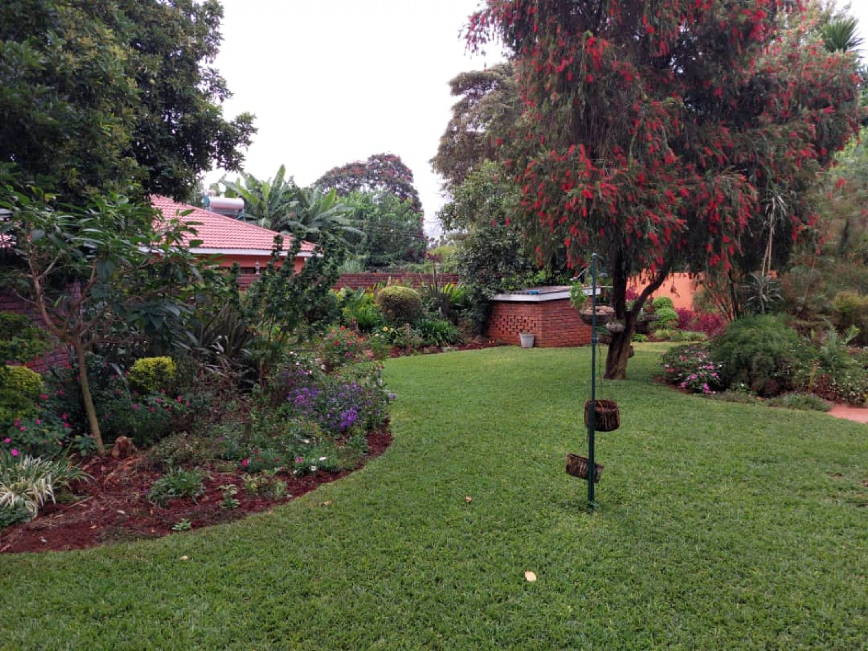 A well-maintained garden with a variety of plants and a brick wall.