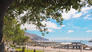 A marina with boats docked, a road with vehicles, and a mountainous background. - MIO Apartment by Homie (Funchal)