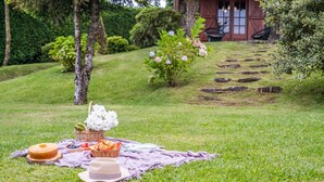 A picnic setup with food and flowers on a blanket in a grassy area with a house in the background. - Villa Achada da Mouca by Homie (Santana)