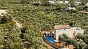 A villa with a swimming pool surrounded by olive groves, set in a rural area with white buildings in the background. - Villa Prima - With Private Heated Pool (Rethymno)