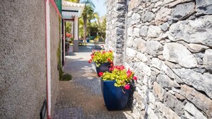 Une ruelle étroite aux murs de pierre, avec un bâtiment rouge d’un côté et un bâtiment bleu de l’autre. Deux grands pots de fleurs rouges sont placés contre le mur de pierre.